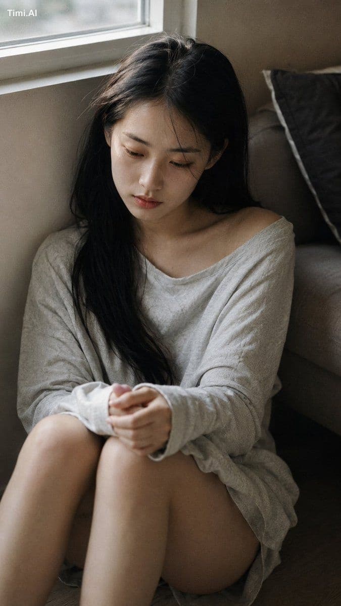 Close-up portrait, 85mm f/1.4, a young East Asian woman in h