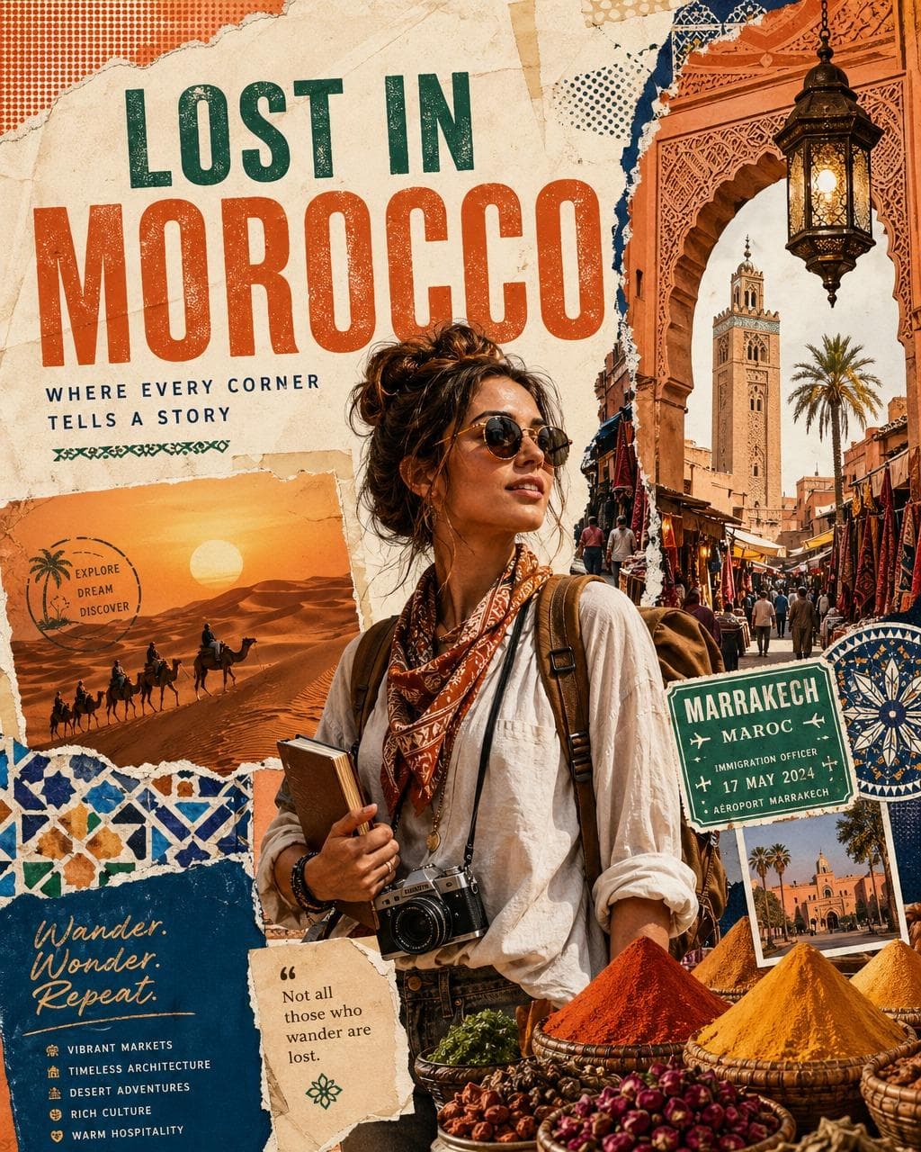 Create a premium vintage travel collage poster titled "LOST