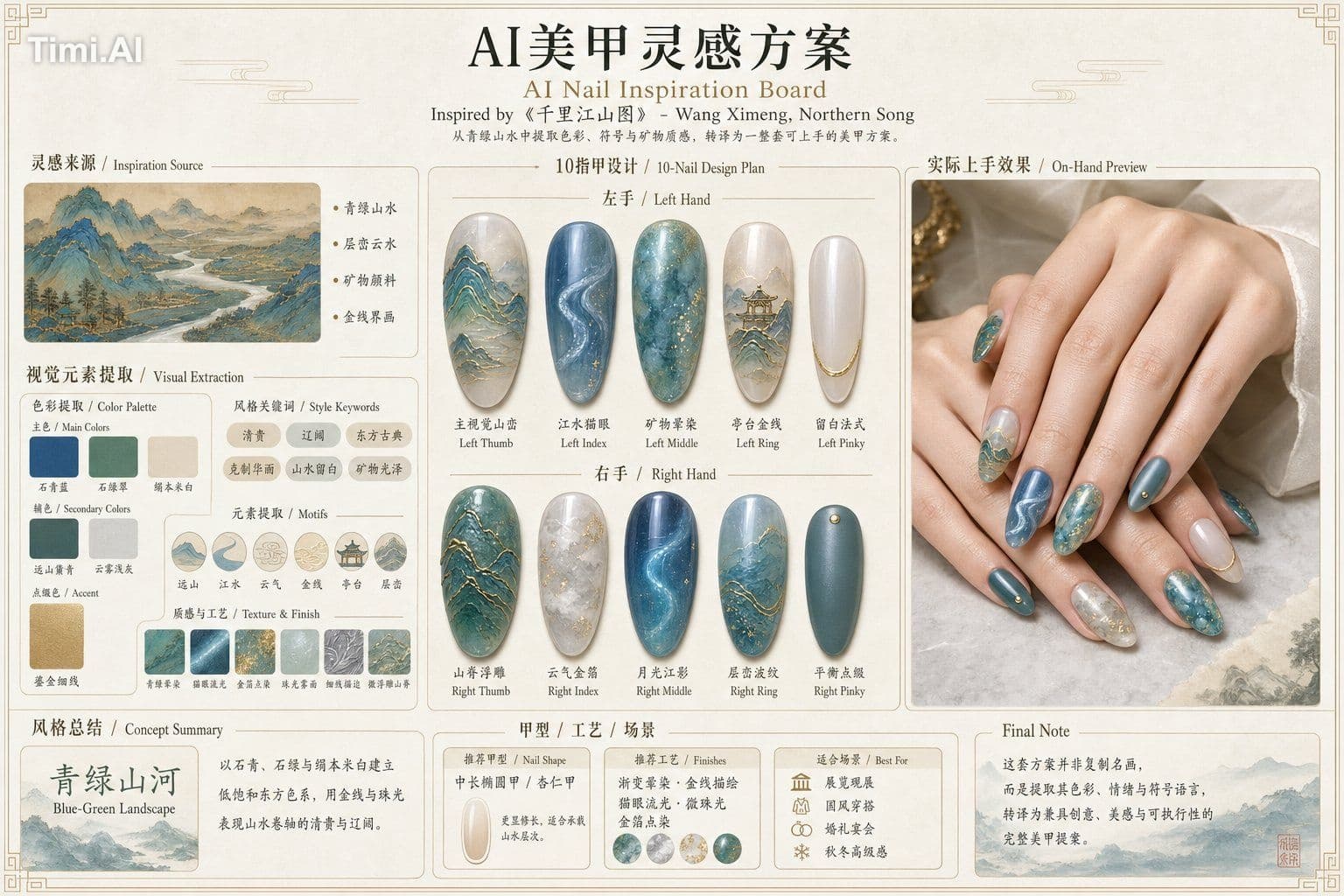 请根据用户输入的【主题】或上传的【参考图片】，创作一张横向 4:3 的高完成度「AI美甲灵感方案 」。

【输入规则】
