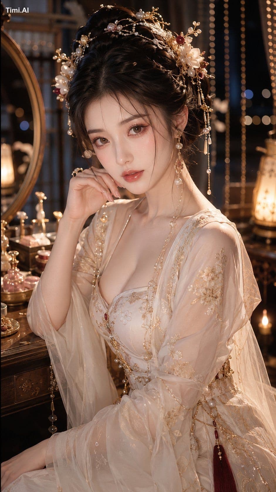 9:16 竖版,古风贵女夜灯水光美妆特写,东方古风贵女人像,半身近景,妆台前正面轻侧身构图,人物坐在妆台前,身体轻微侧向