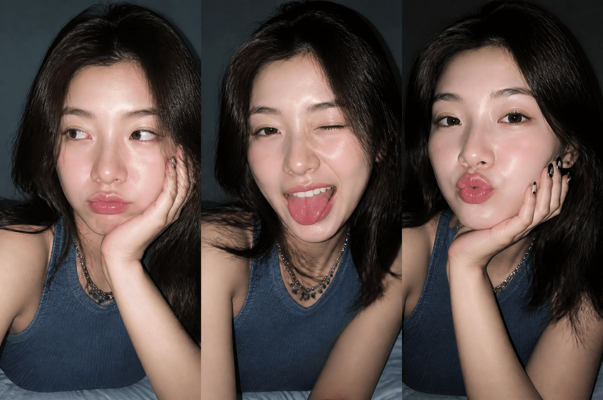 Ultra-realistic Gen Z selfie photo collage, three vertical s