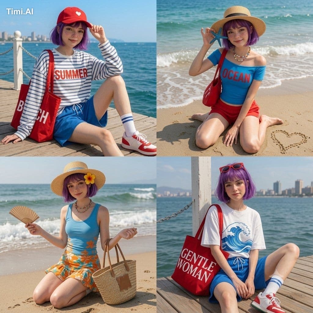 A 4-panel grid (2x2 layout) featuring a cute anime girl with