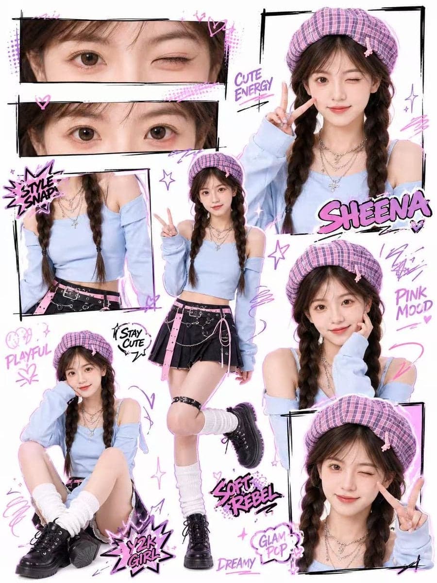 Create a high-quality Y2K kawaii street-style collage poster