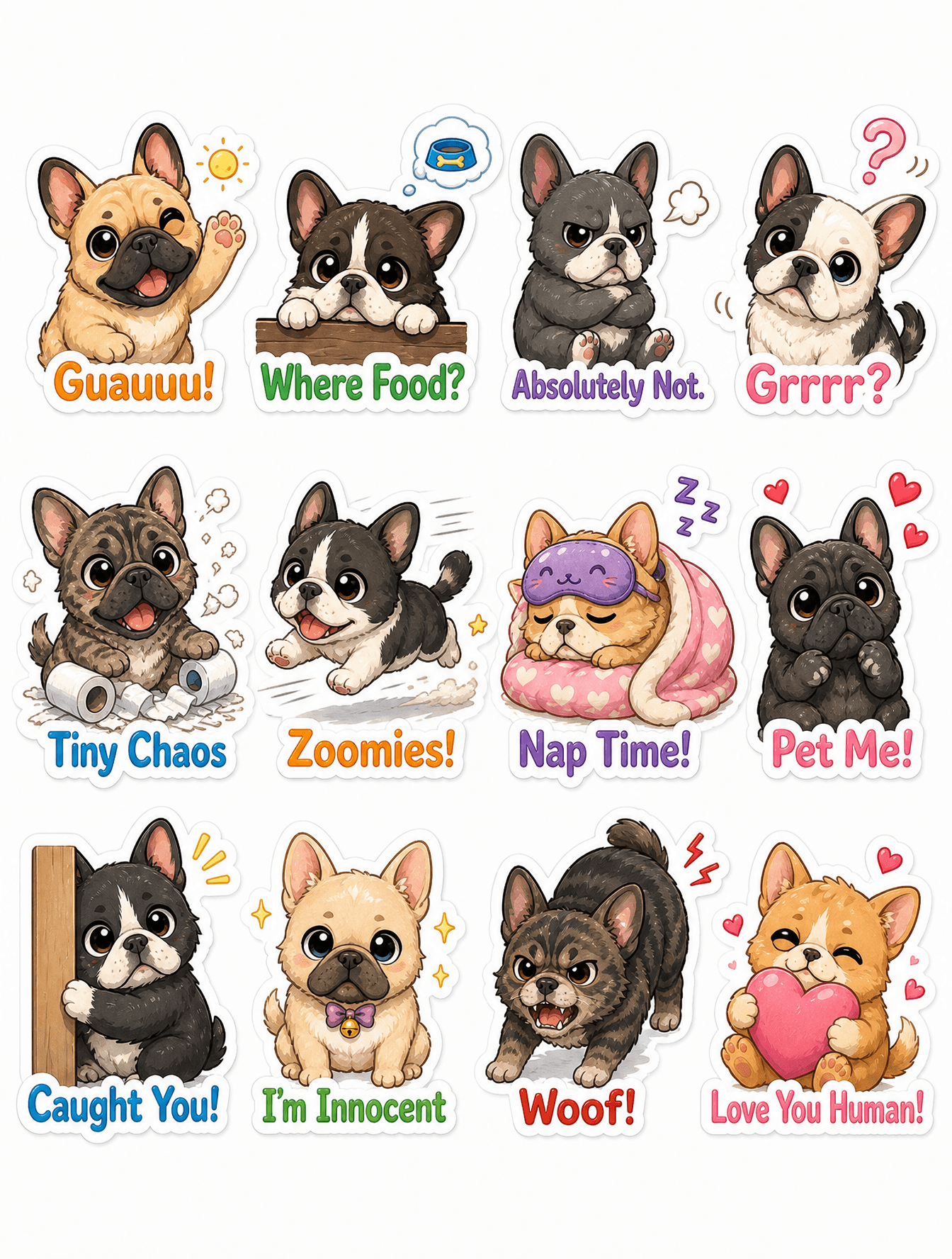 Cute illustrated chibi french bulldog sticker-pack, fluffy k