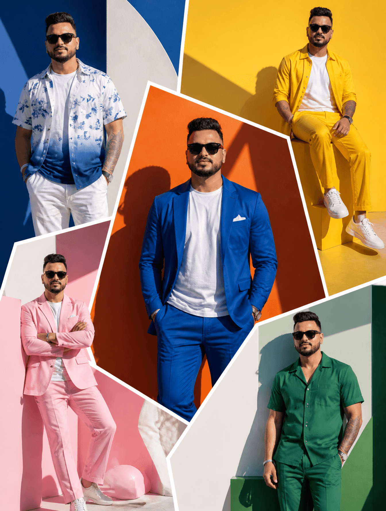 The SAME male model displayed across oversized random-shaped