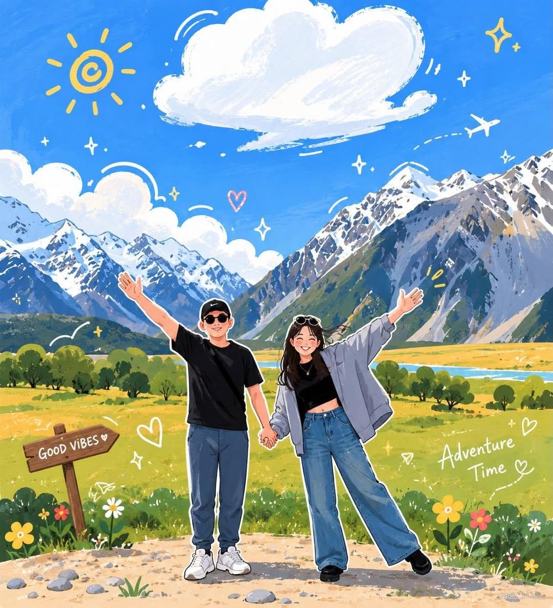 Transform the uploaded travel photo into a charming hand-dra