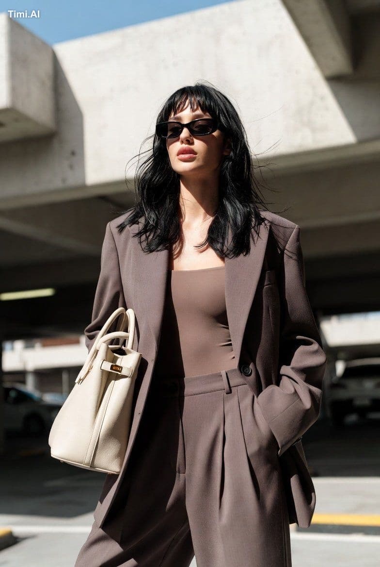 A stylish young woman with long layered black hair and soft 