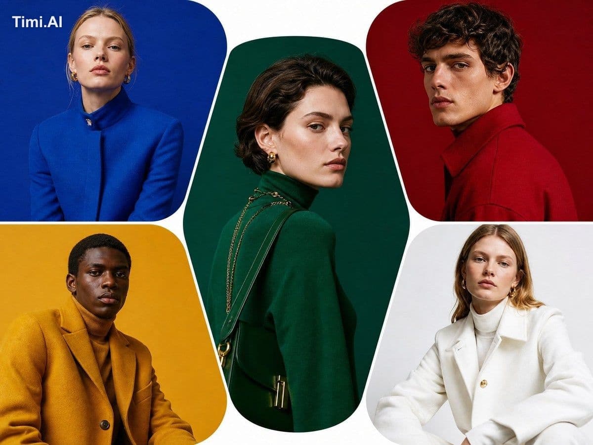 Editorial color-block portrait collage, five stylish Europea