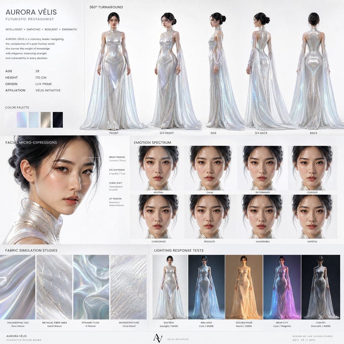 Create a high-end cinematic character design board of a futu