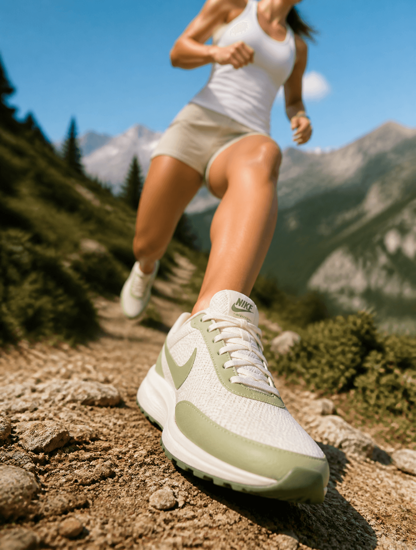 A hyperrealistic Nike sneaker advertisement shot on a sunny 
