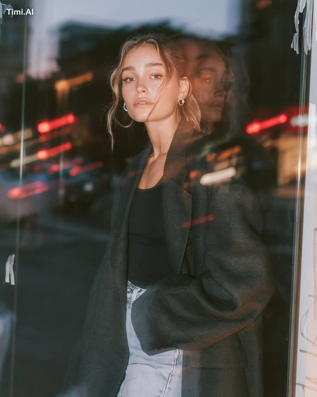 > Ultra-realistic editorial fashion portrait of a young woma