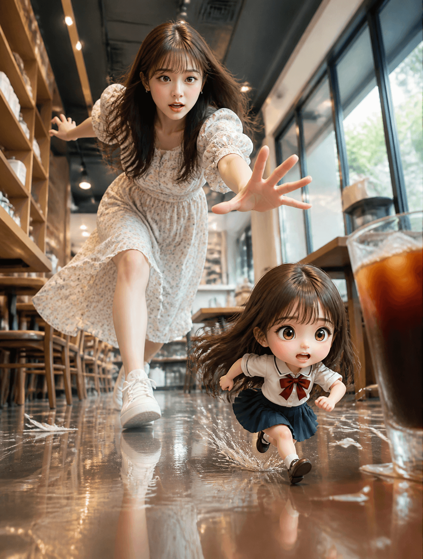 主题:咖啡厅里追赶自己迷你分身的女性 / 动态咖啡厅奇幻肖像
人物・表情:20多岁的女性,柔和的鹅蛋脸,棕色长发,透视