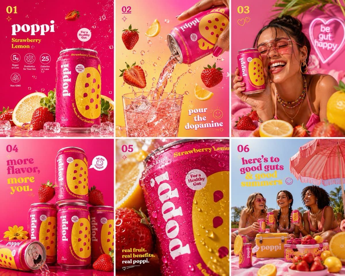 Ultra vibrant Poppi Strawberry Lemon soda hero shot, hot pin