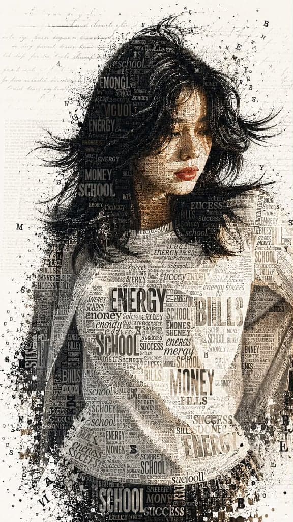A striking typographic portrait of a young woman with a thou