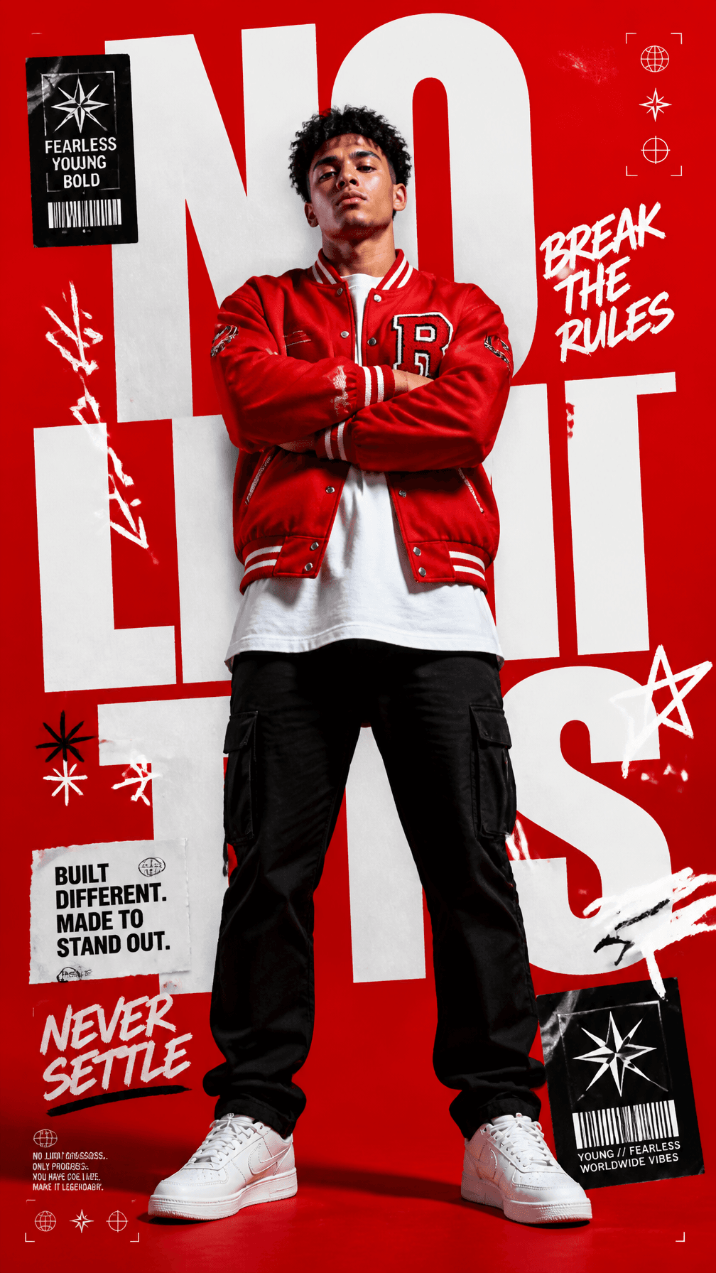 A premium 9:16 streetwear editorial advertising poster.Main