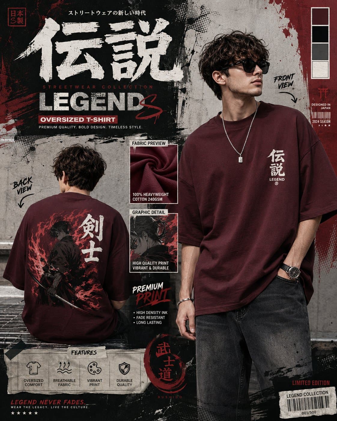 Create a premium Japanese anime inspired streetwear fashion
