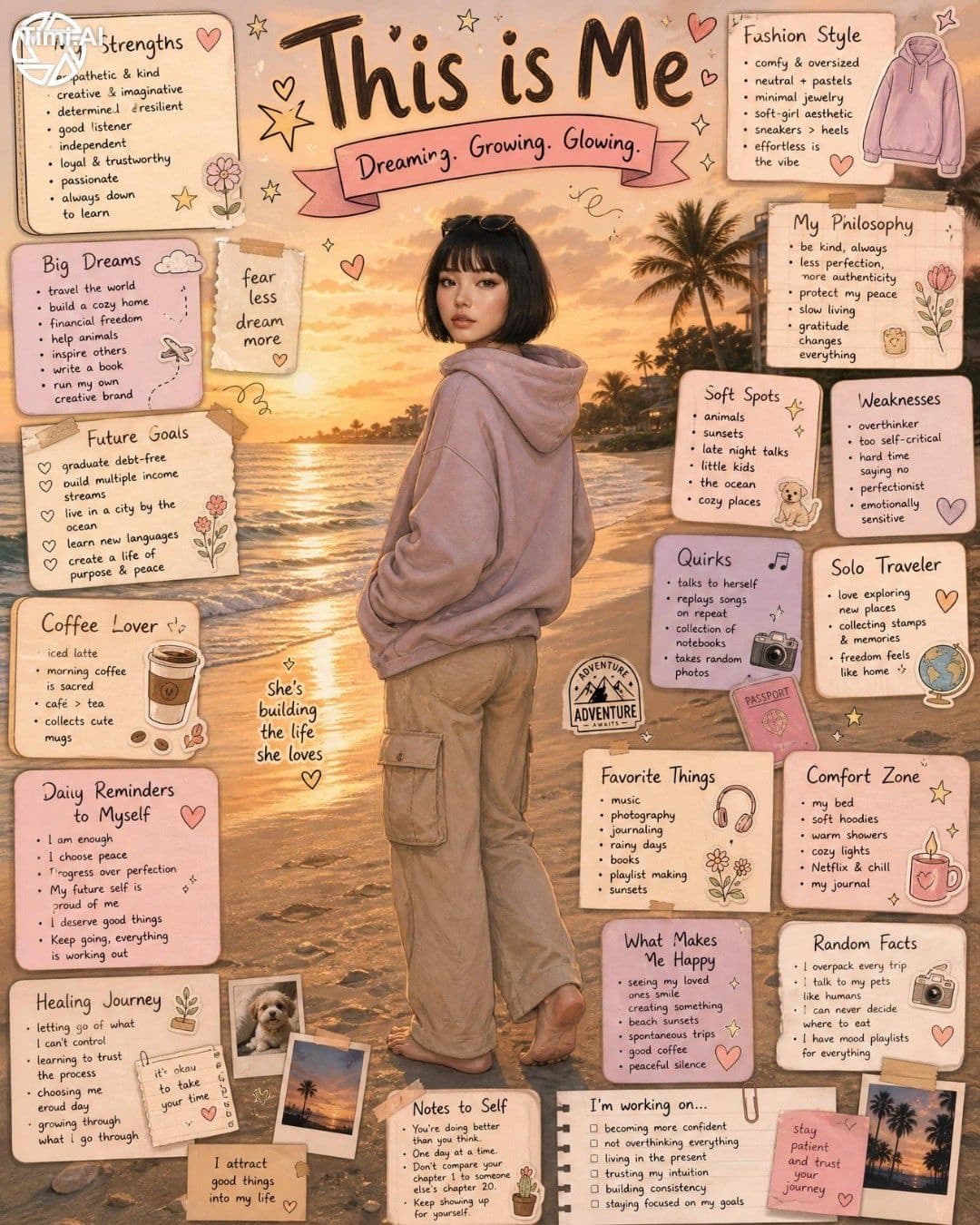Create a dreamy “This is Me” aesthetic collage poster featur