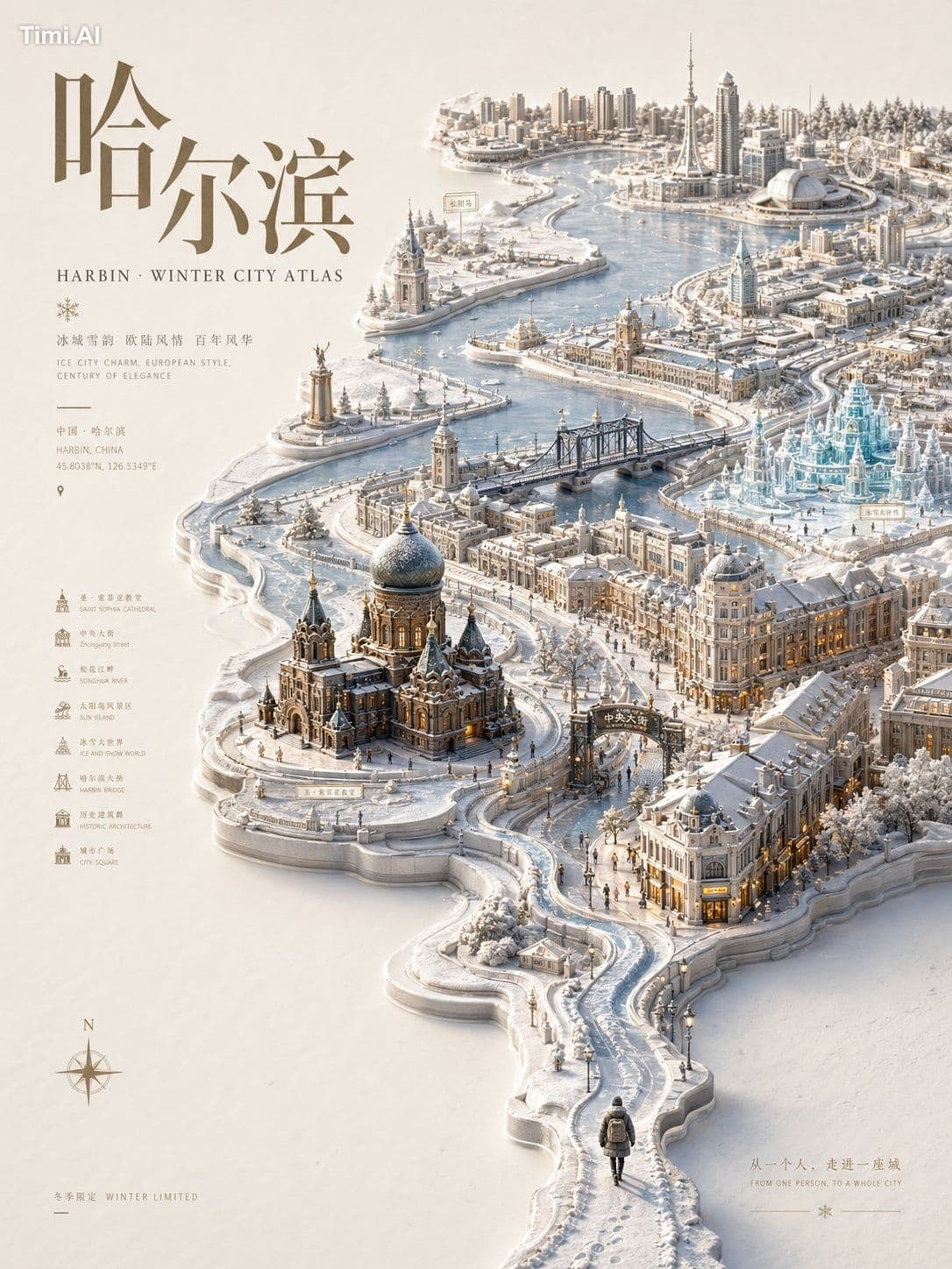 设计一张高级「立体浮雕城市地图海报 / Relief City Atlas Poster」，主题为【城市名称】的【季节主