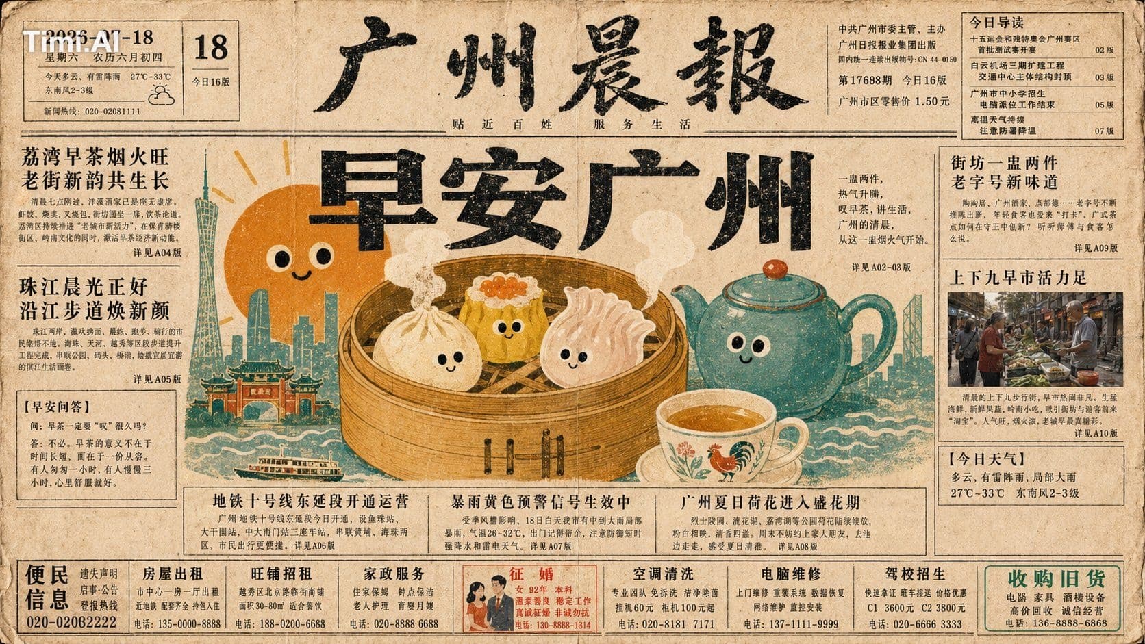 围绕任意主题对象生成一套旧报纸头版式视觉:整体先像地方报刊的整页报道,浅暖白新闻纸占主导,细黑线框、窄栏正文、顶部报头、