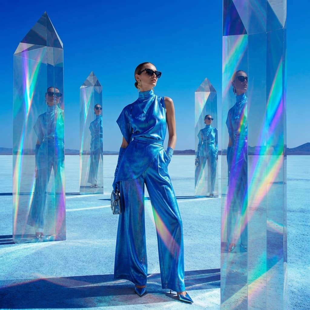 Translucent crystal prisms rise like futuristic monuments of