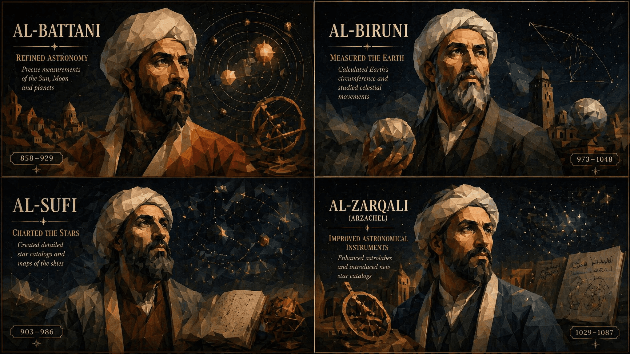 2x2 grid, do this for 4 famous muslim astronomers and their 