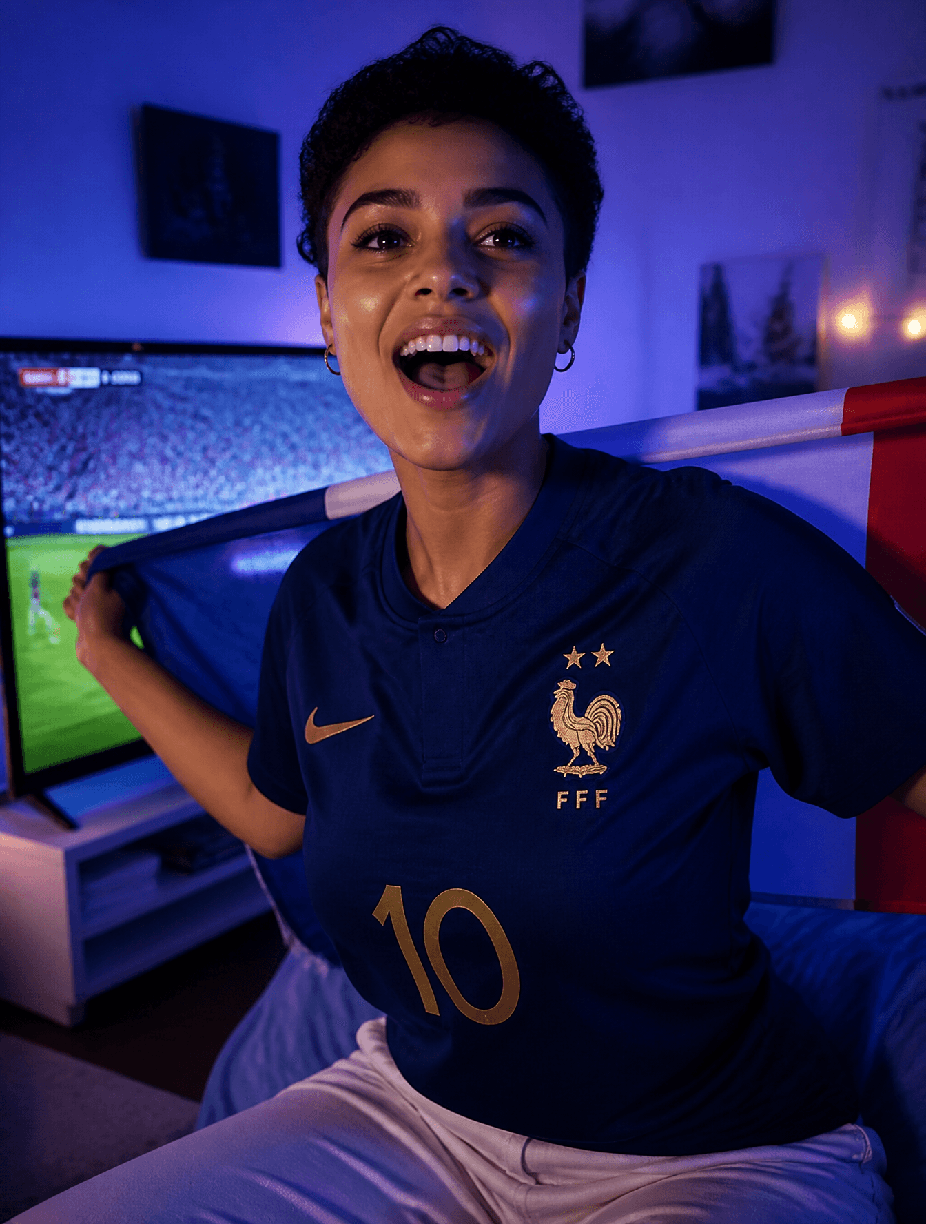 A stylish young French woman with short natural hair, wearin