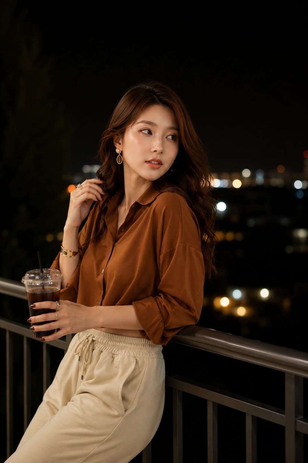 Ultra-realistic night portrait of a stylish young woman stan