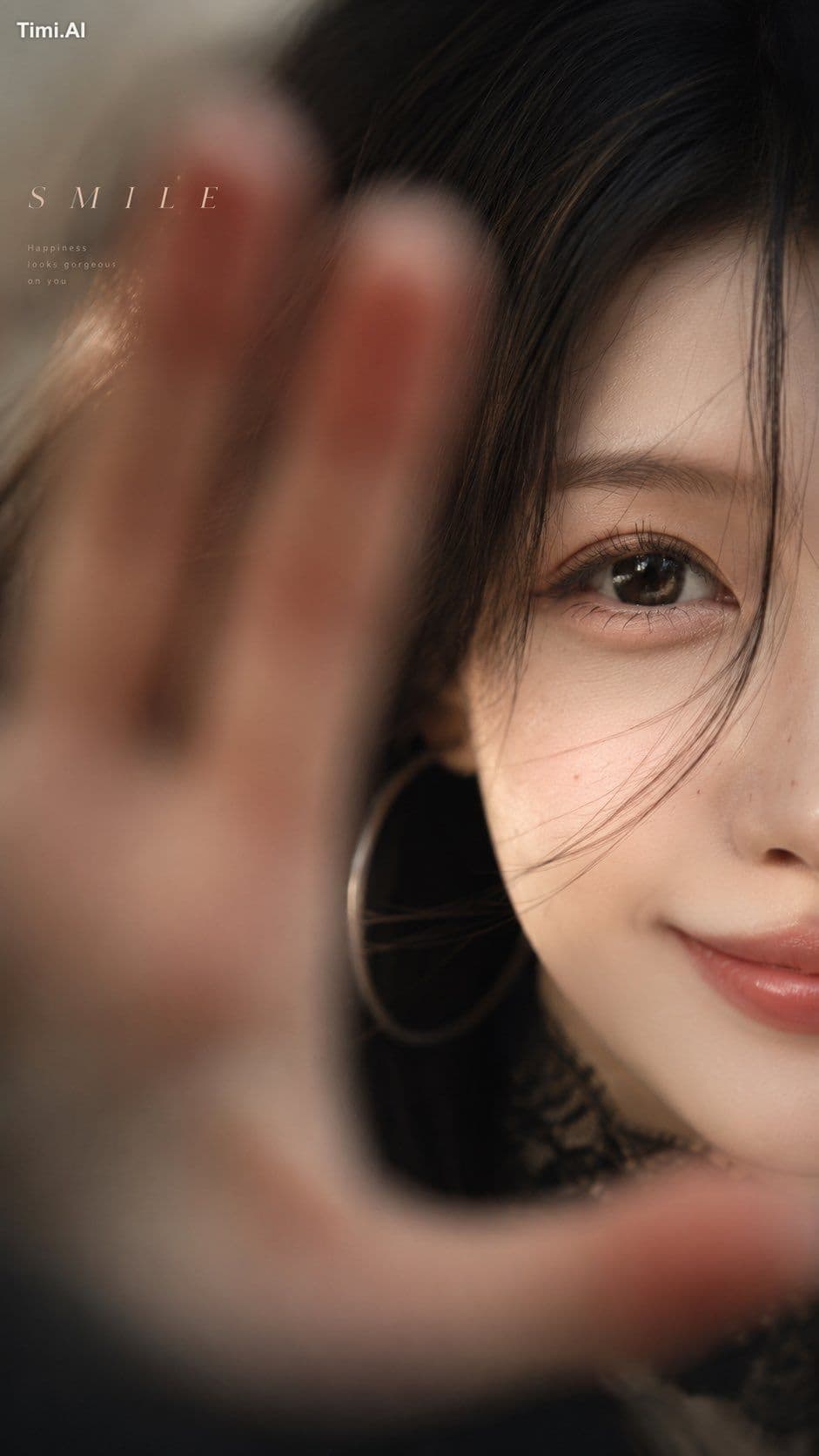 以上传图片为参考，手掌贴近镜头形成的前景虚化、单眼特写、拍摄角度、动作姿势、光影、景深与情绪氛围。

人物保持同一张脸、