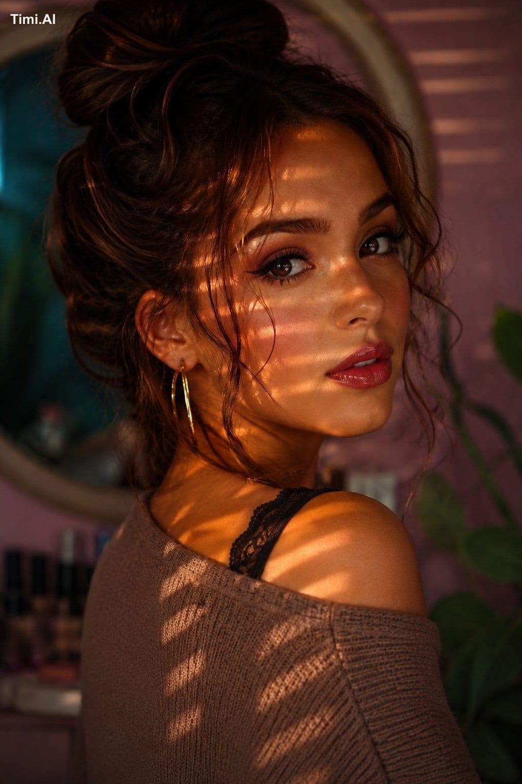 A cinematic close-up portrait of a beautiful young woman wit