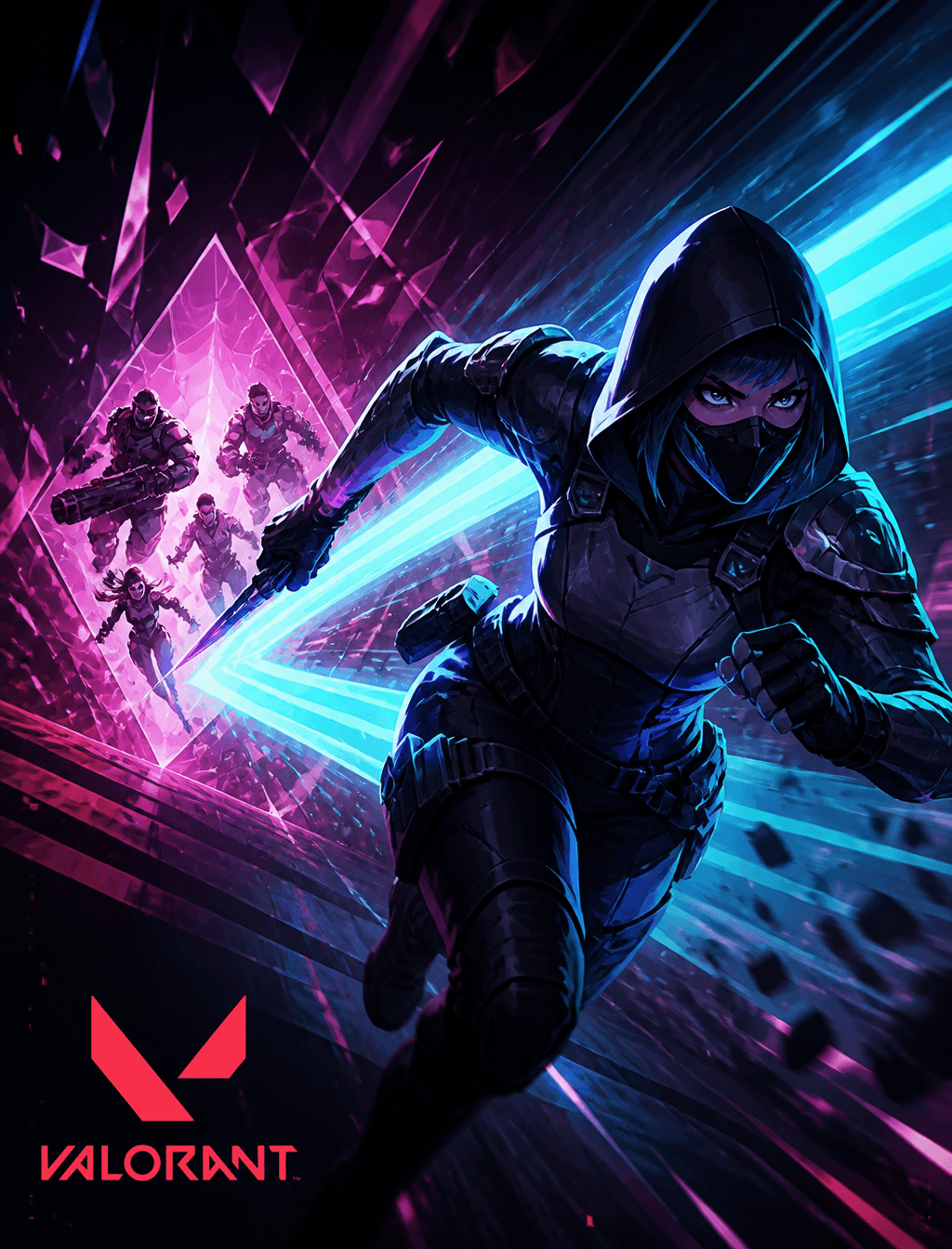 A stylized, dynamic action illustration features a female ag