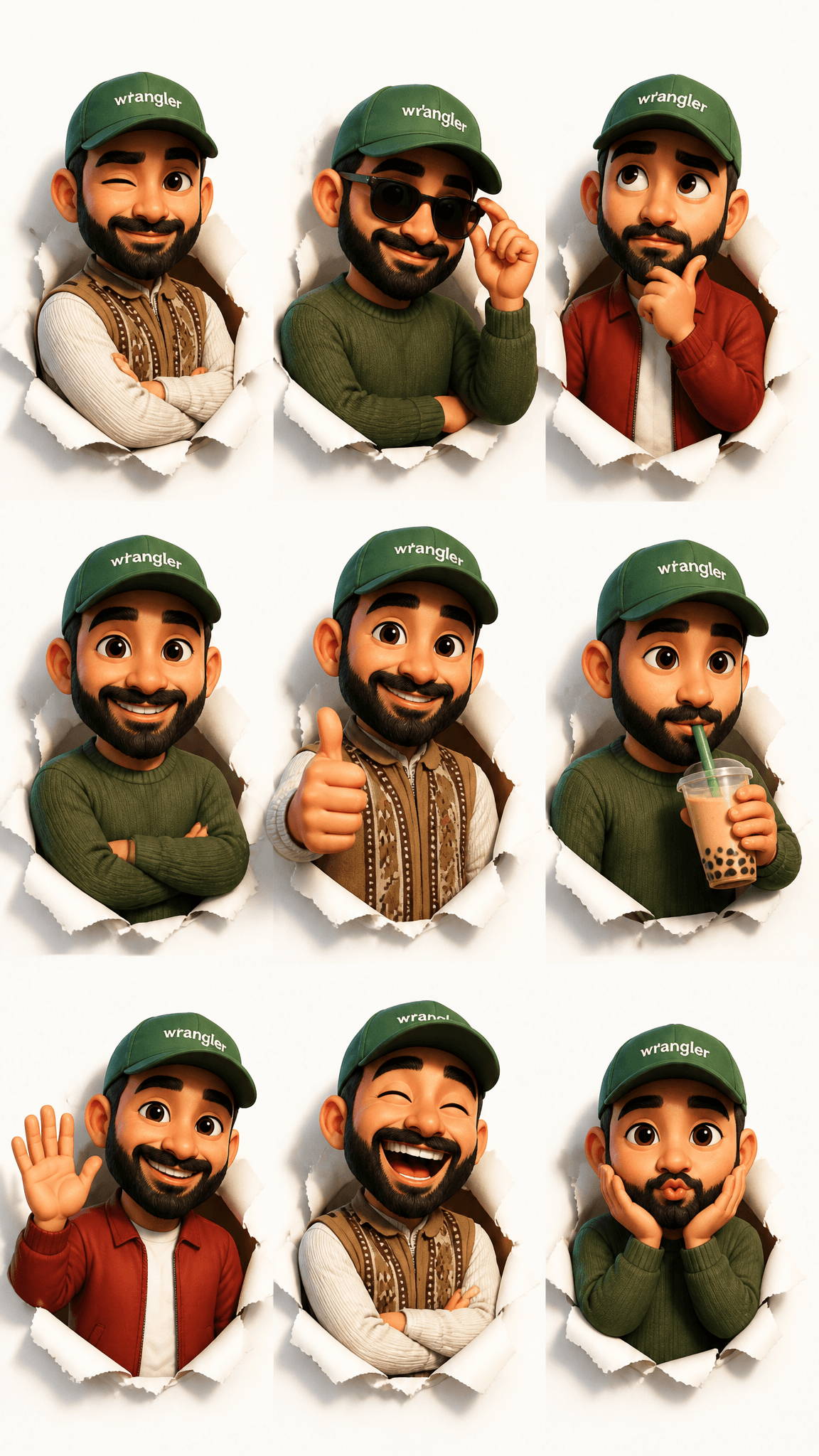 3D Pixar-style expression sheet, cute stylized avatar, 3x3 g