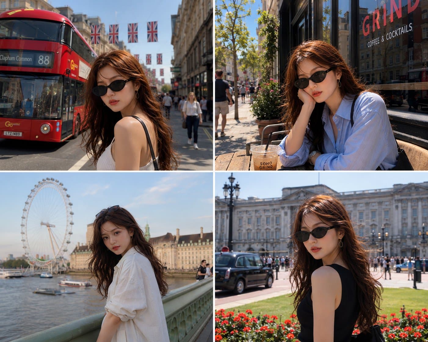 Ultra-realistic 4-photo travel collage of the same beautiful