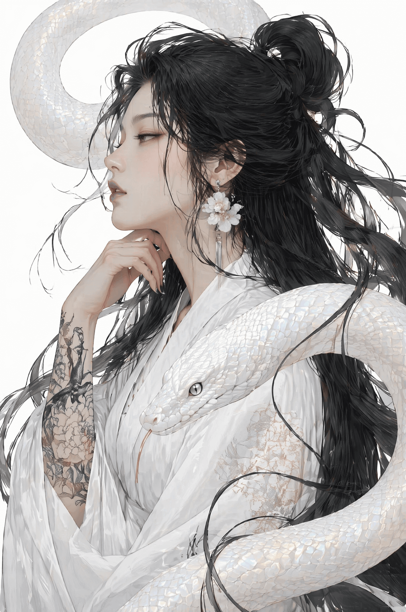 A woman with flowing, voluminous obsidian hair stands in pro