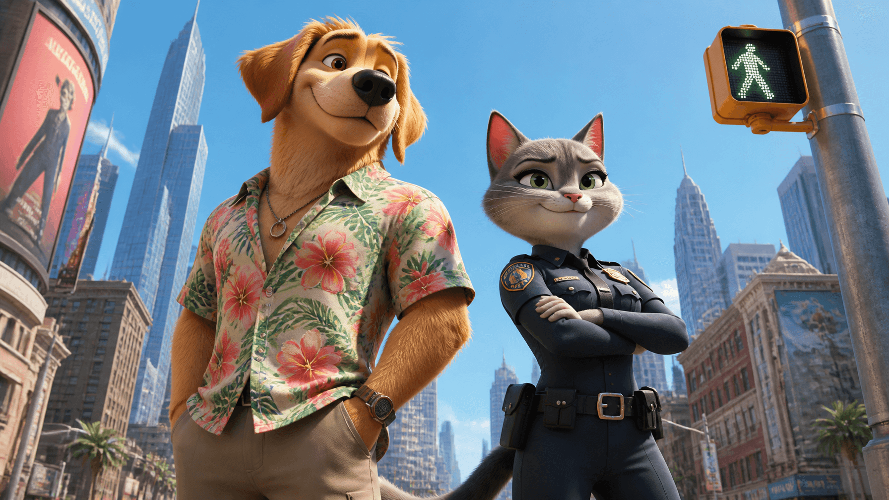 An anthropomorphic male dog and female cat duo stand confide