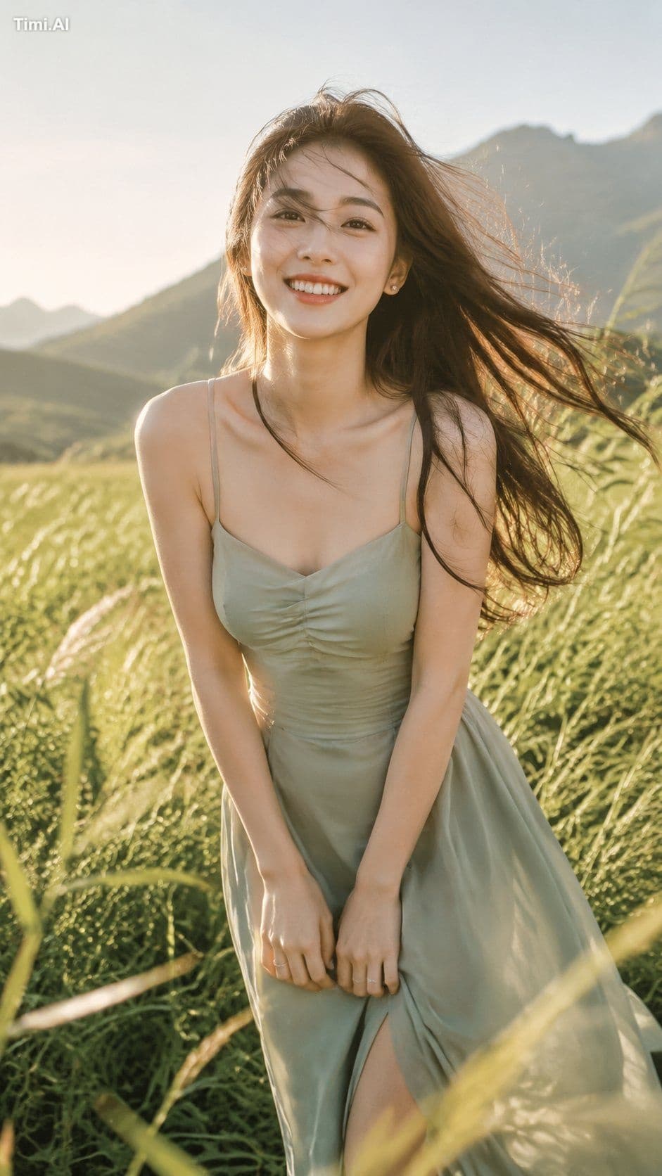 Generate a 9:16 vertical photorealistic summer breeze portra