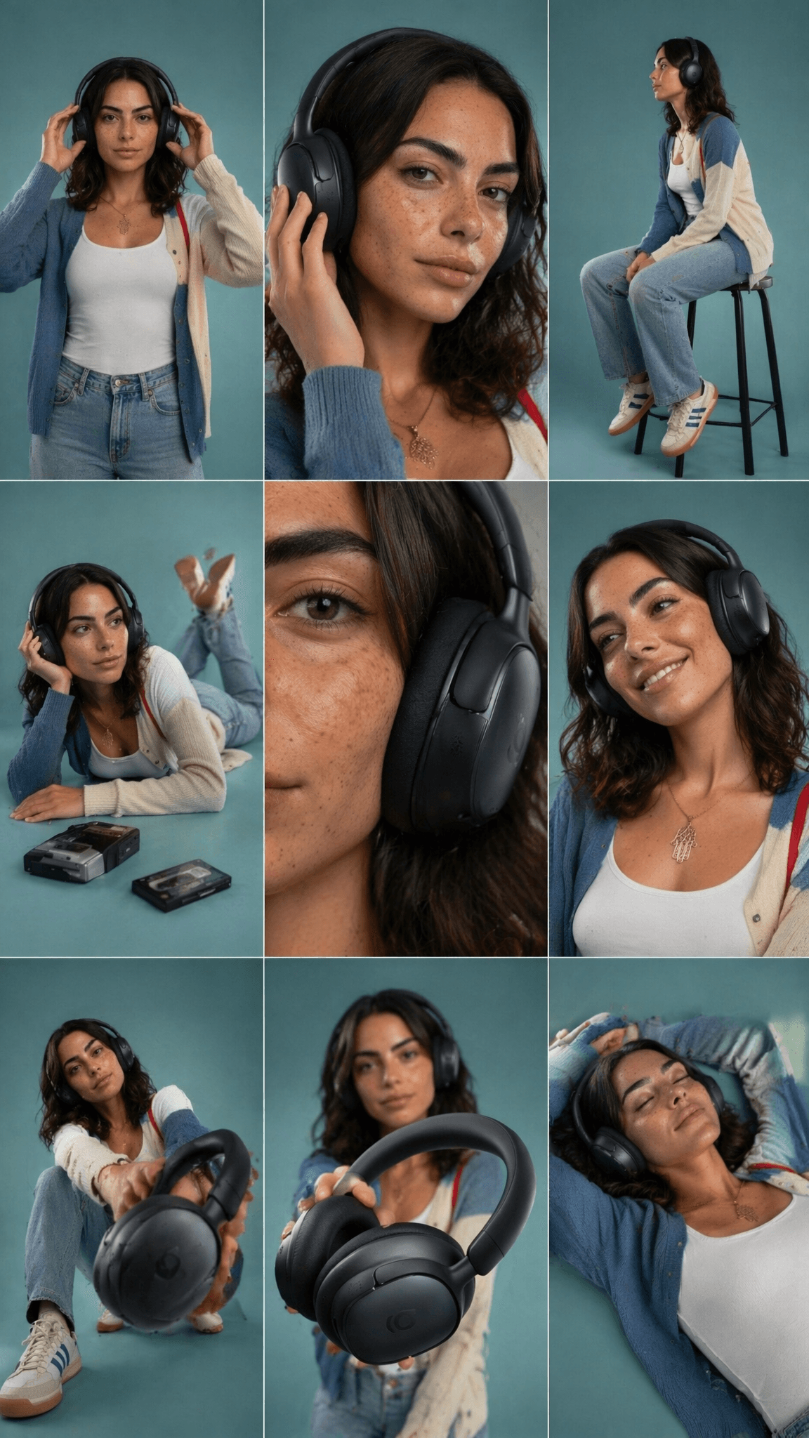 3×3 storyboard grid, nine panels, same subject and outfit, c