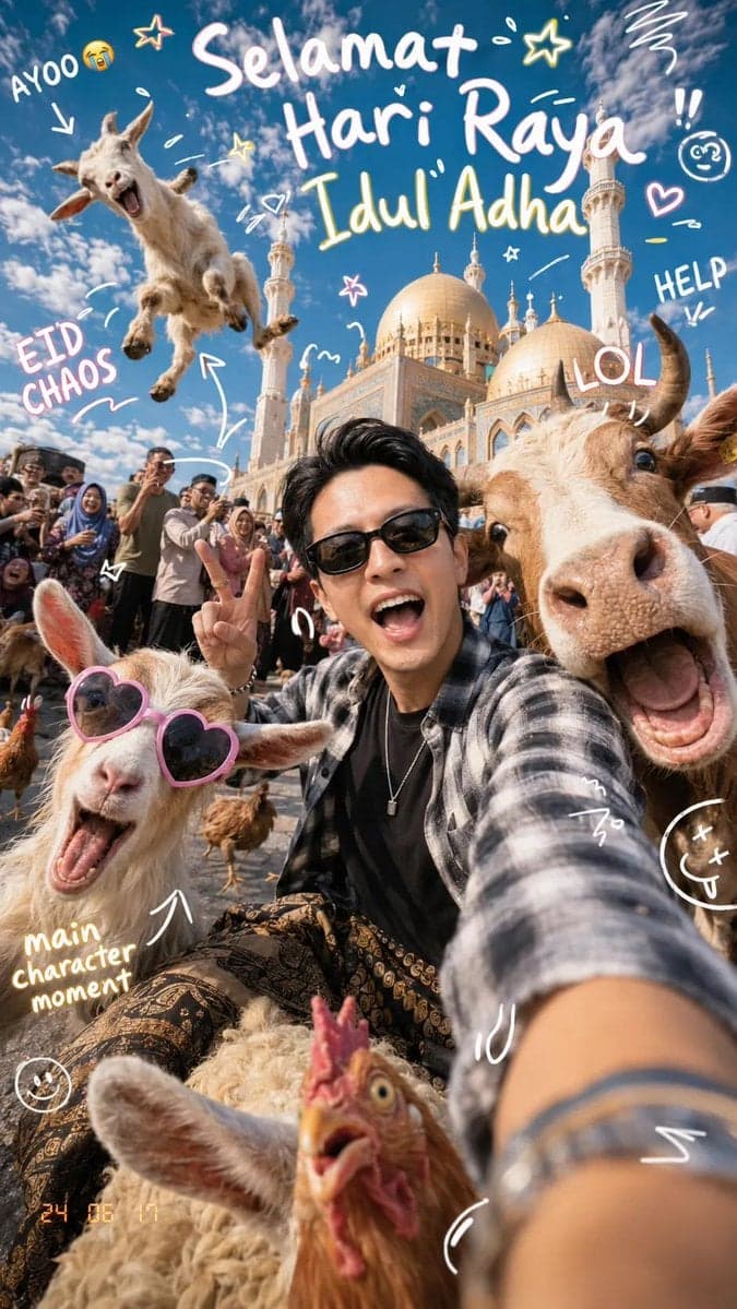 Ultra-realistic super cute chaotic Eid al-Adha selfie photog