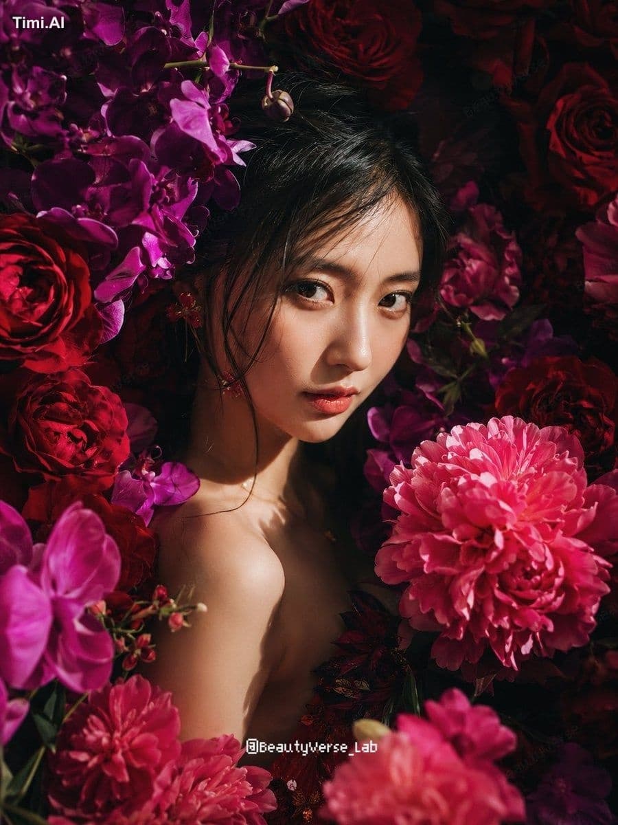 漂亮日本美少女，上半身構圖，直視鏡頭，真實自然膚理，妝容精緻。人物沉浸在濃密壯觀的花海之中，四周盛開著深紅玫瑰、深紫蘭花