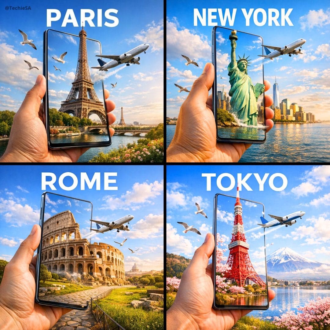 A hyper-realistic travel advertisement in square format (108