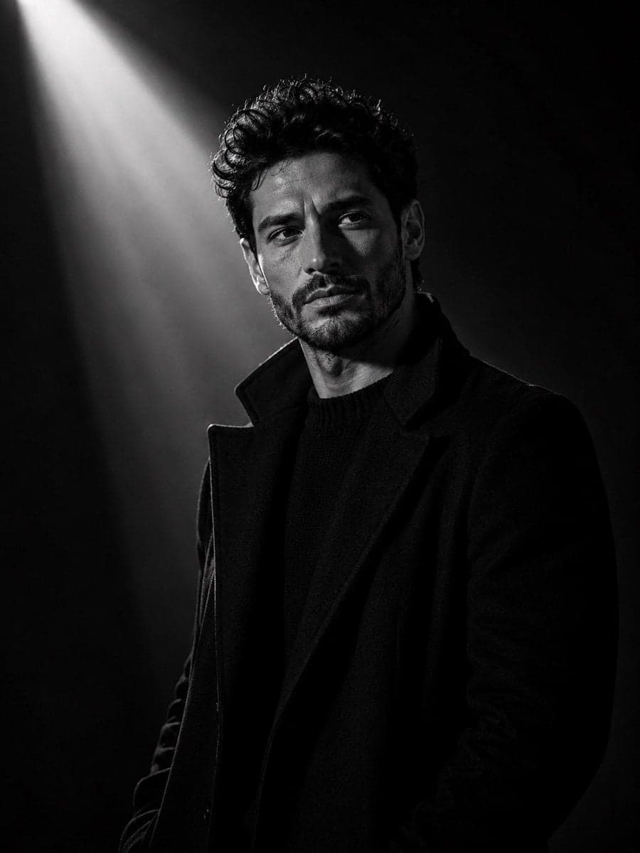 Ultra-cinematic black-and-white portrait of a young man stan