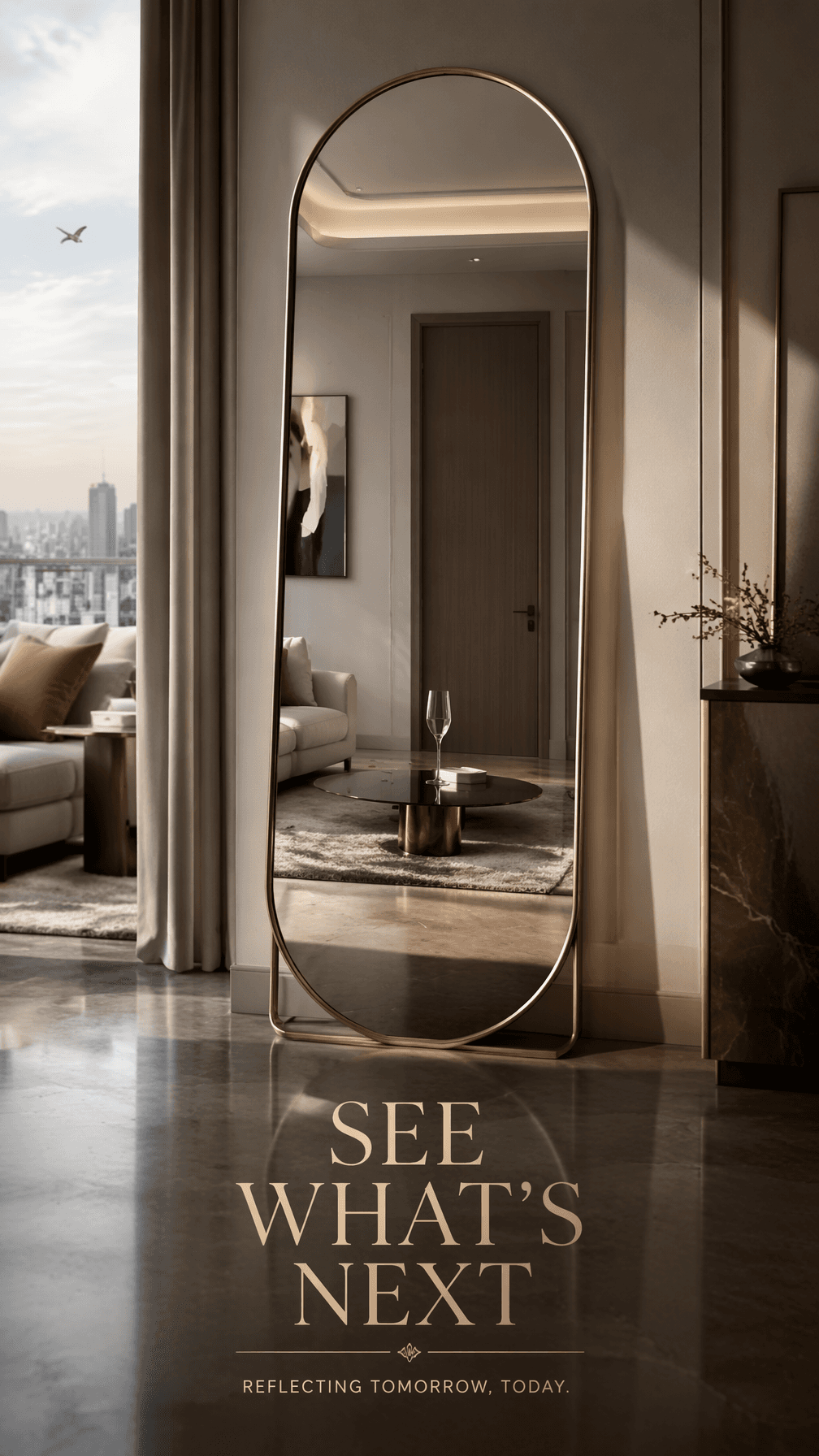 A premium 9:16 mirror advertising poster.Main Subject:A luxu