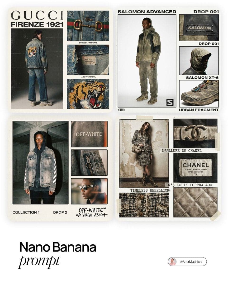 [BRAND NAME] fashion lookbook. Multi-panel collage grid on c
