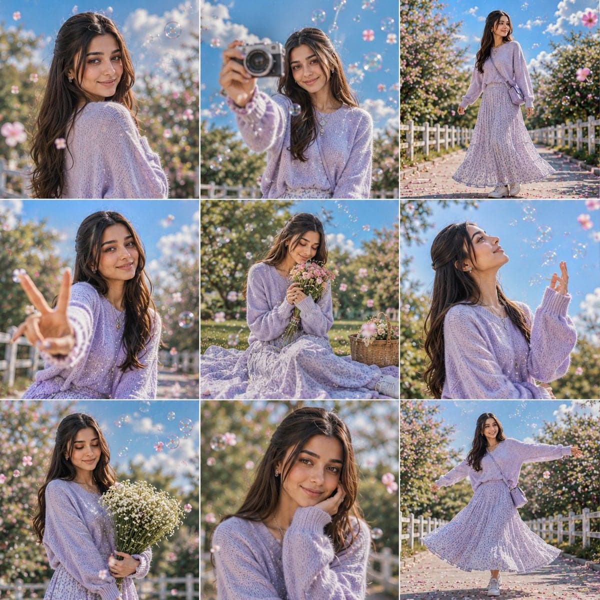 A vibrant 3×3 grid photo collage containing nine completely 