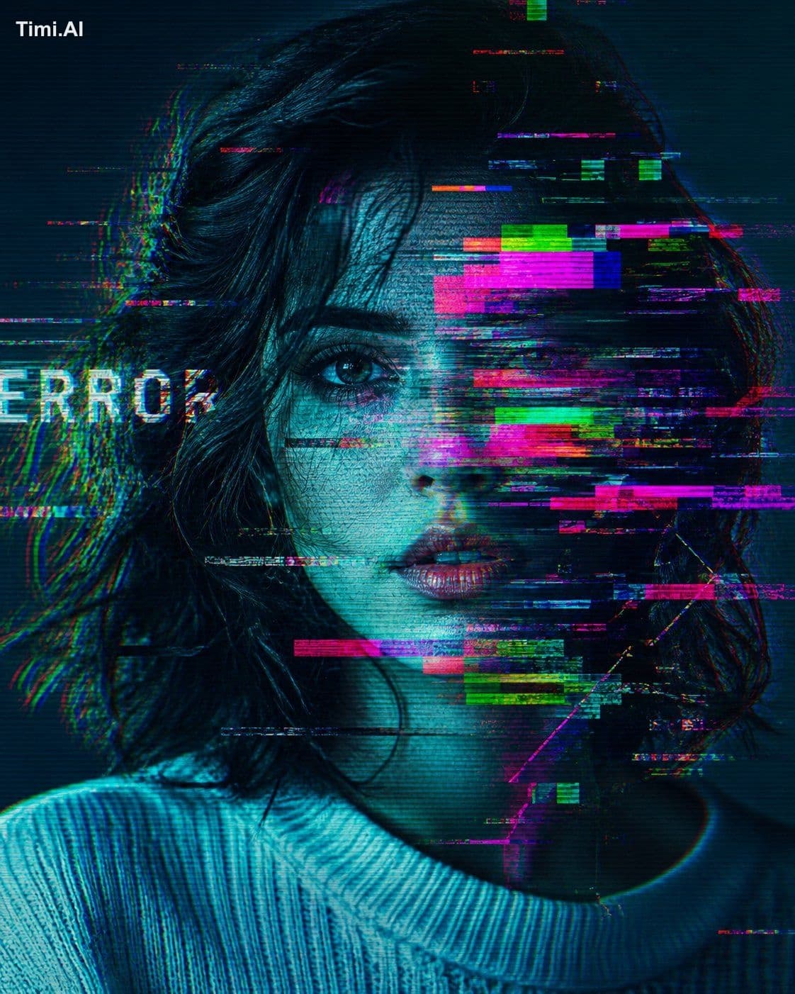 Extreme close-up glitch art portrait, tight crop on upper fa