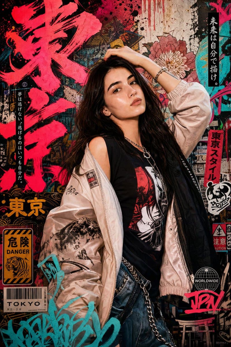 Create a high-detail portrait poster in a bold Japanese graf