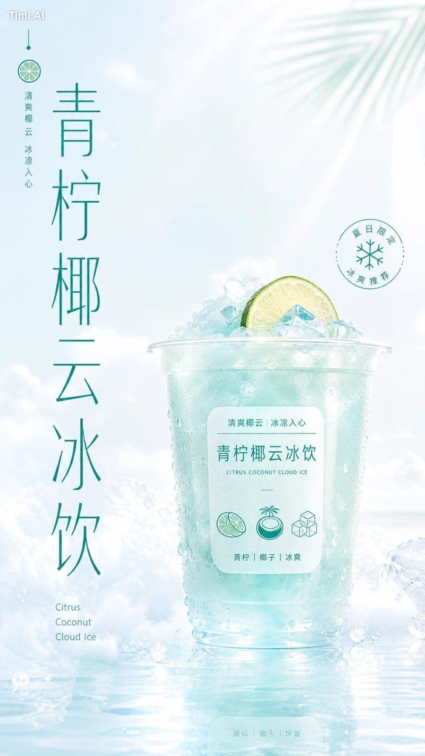 围绕具体饮料主题内容生成一张清透轻快的饮品视觉，核心画面由大面积高明度洁净空气场承托单杯产品，杯体位于视觉重心下方，像被