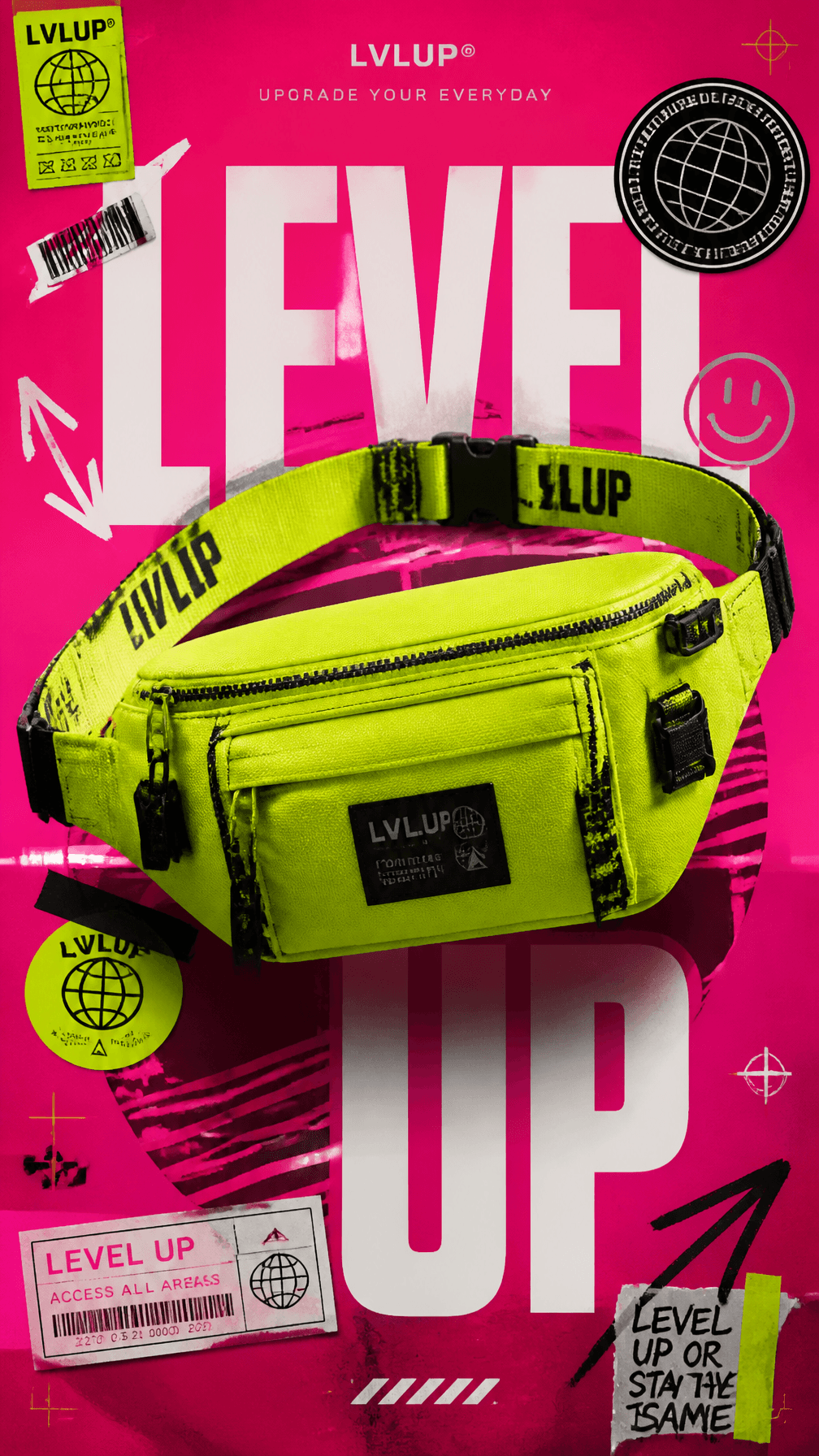 A premium 9:16 streetwear accessories advertising poster.Cen