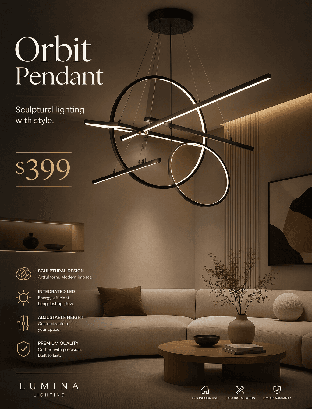 A luxury modern chandelier poster titled “Orbit Pendant,” fe