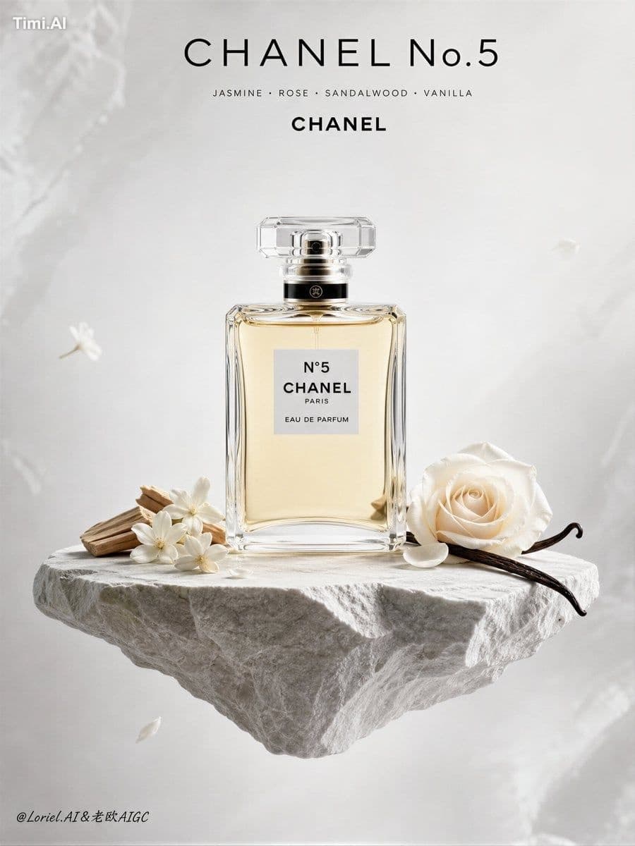 Create an ultra-premium fragrance poster for Chanel No.5, co