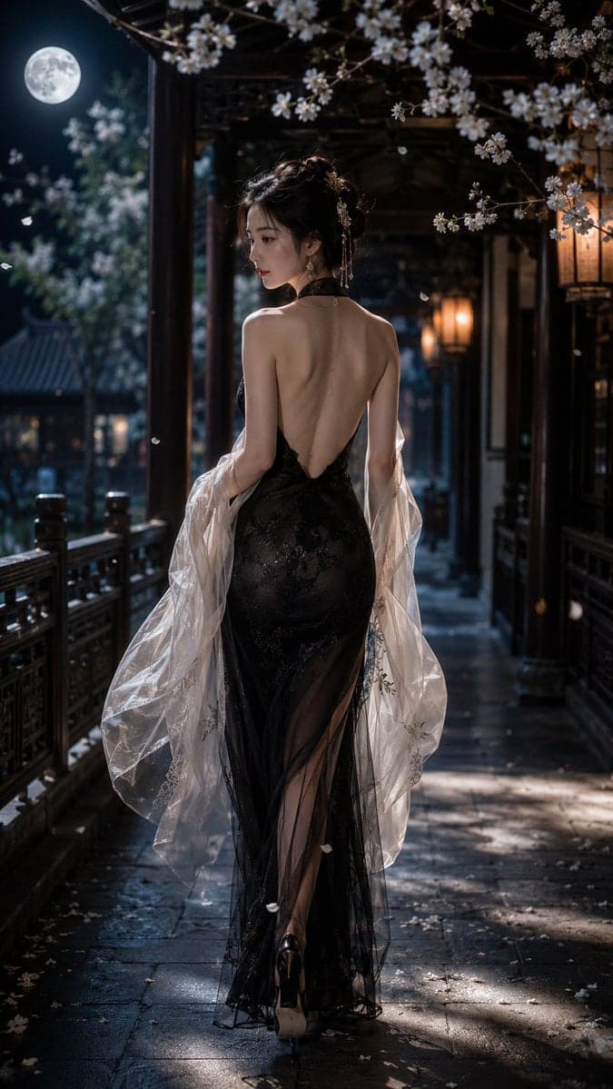 一位成年东方女性,9:16 竖版构图,写实风格,全身偏背面人像,人物行走在一条古典中式回廊之中,画面从后方略低机位捕捉她